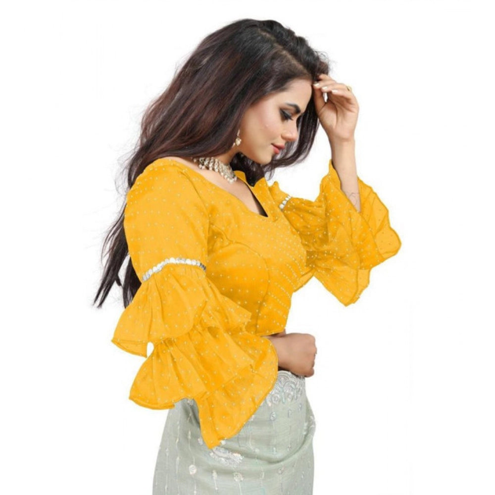 Women's Organza Solid V Neck Layered Ruffle Sleeve Readymade Blouse (Yellow Free Size , up to 38–40 Bust)-PID65860