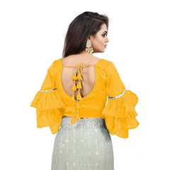 Women's Organza Solid V Neck Layered Ruffle Sleeve Readymade Blouse (Yellow Free Size , up to 38–40 Bust)-PID65860