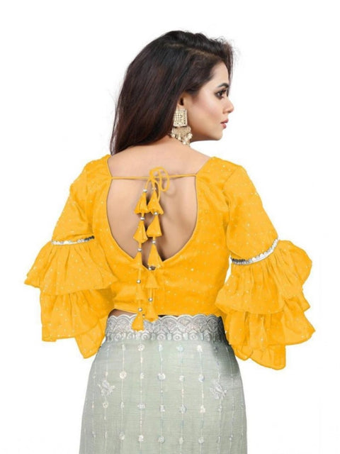 Women's Organza Solid V Neck Layered Ruffle Sleeve Readymade Blouse (Yellow Free Size , up to 38–40 Bust)-PID65860