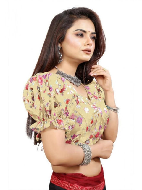 Women's Organza Printed V Neck Puff Sleeve Readymade Blouse (Beige 38 , Alterable up to 42)-PID65861
