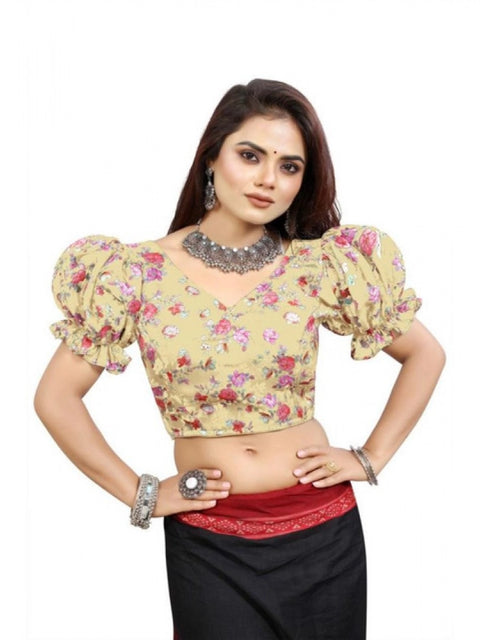 Women's Organza Printed V Neck Puff Sleeve Readymade Blouse (Beige 38 , Alterable up to 42)-PID65861