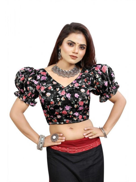 Women's Organza Printed V Neck Puff Sleeve Readymade Blouse (Black 38 , Alterable up to 42)-PID65862
