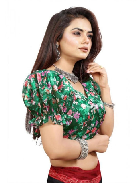 Women's Organza Printed V Neck Puff Sleeve Readymade Blouse (Green 38 , Alterable up to 42)-PID65863