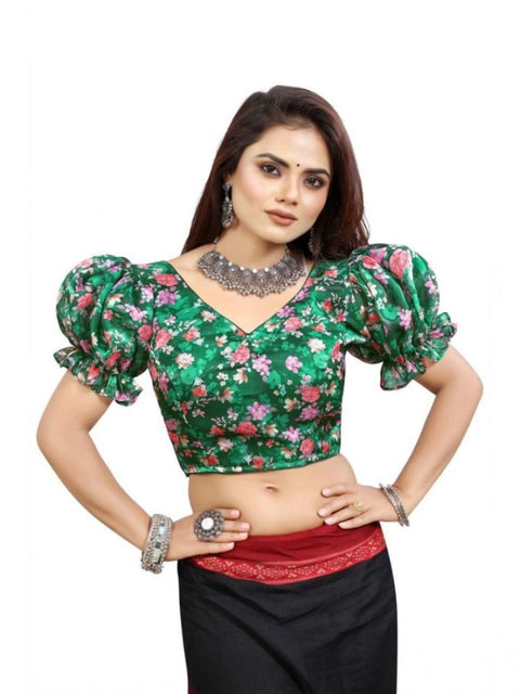 Women's Organza Printed V Neck Puff Sleeve Readymade Blouse (Green 38 , Alterable up to 42)-PID65863