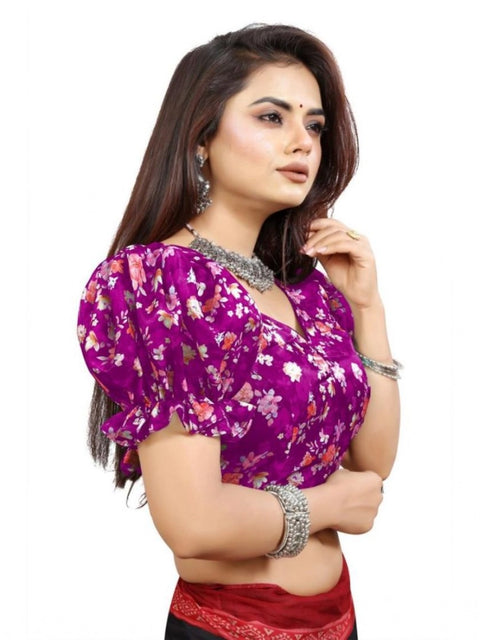 Generic Women's Organza Printed V Neck Puff Sleeve Readymade Blouse (Light_Purple 38 , Alterable up to 42)-PID65865
