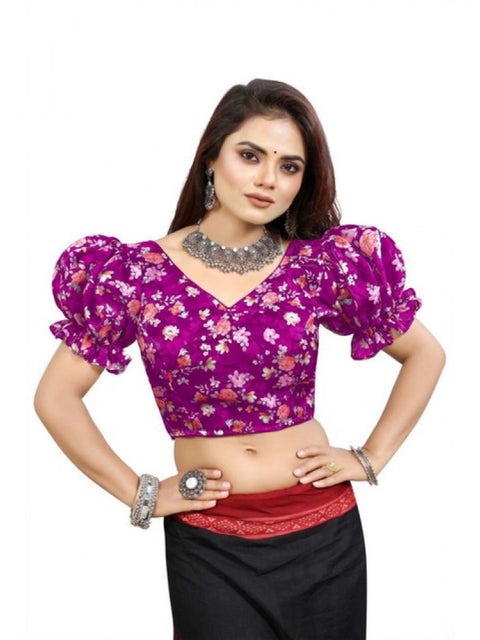 Women's Organza Printed V Neck Puff Sleeve Readymade Blouse (Light_Purple 38 , Alterable up to 42)-PID65865