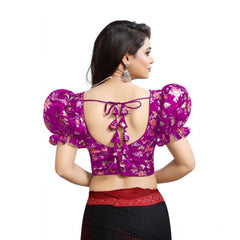 Women's Organza Printed V Neck Puff Sleeve Readymade Blouse (Light_Purple 38 , Alterable up to 42)-PID65865