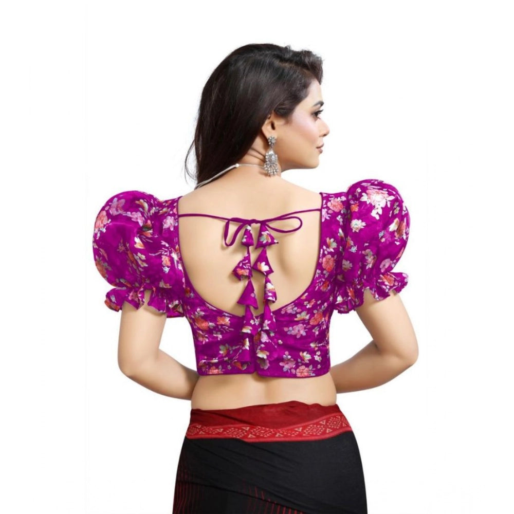 Women's Organza Printed V Neck Puff Sleeve Readymade Blouse (Light_Purple 38 , Alterable up to 42)-PID65865