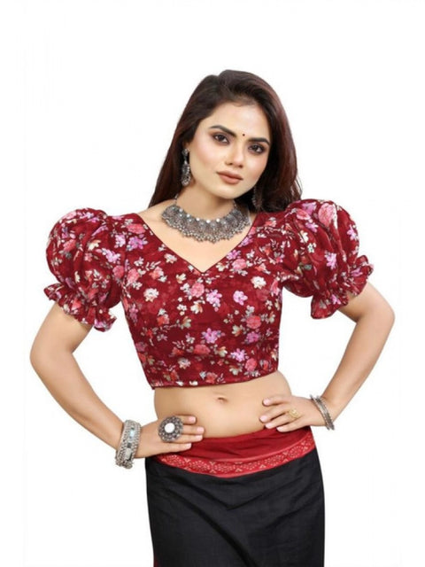 Women's Organza Printed V Neck Puff Sleeve Readymade Blouse (Maroon 38 , Alterable up to 42)-PID65866