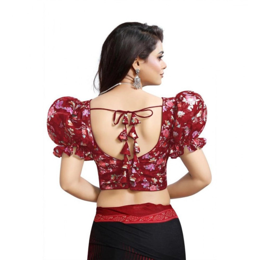 Women's Organza Printed V Neck Puff Sleeve Readymade Blouse (Maroon 38 , Alterable up to 42)-PID65866