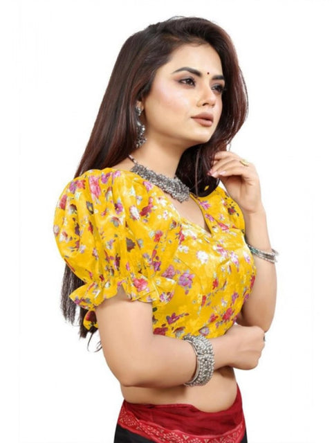 Women's Organza Printed V Neck Puff Sleeve Readymade Blouse (Mustard 38 , Alterable up to 42)-PID65867