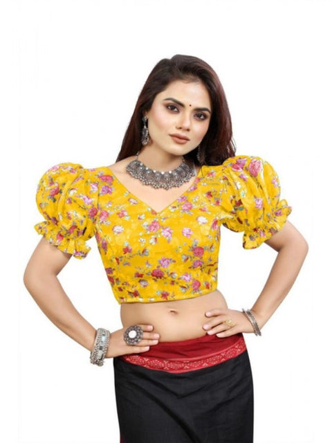 Women's Organza Printed V Neck Puff Sleeve Readymade Blouse (Mustard 38 , Alterable up to 42)-PID65867