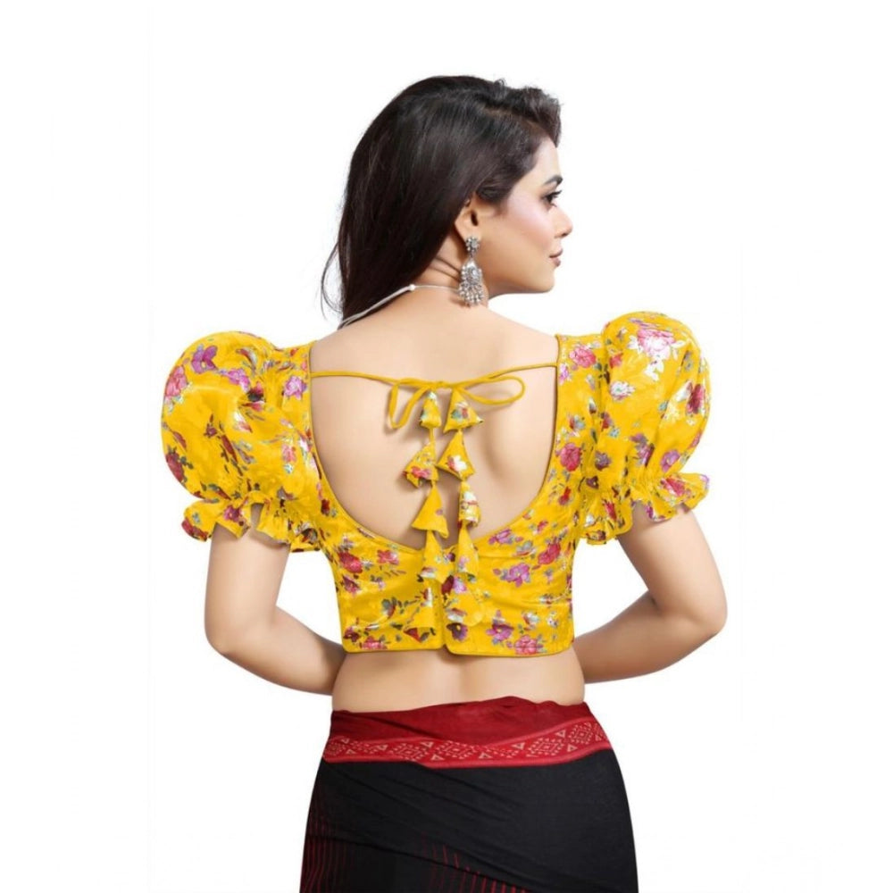 Women's Organza Printed V Neck Puff Sleeve Readymade Blouse (Mustard 38 , Alterable up to 42)-PID65867