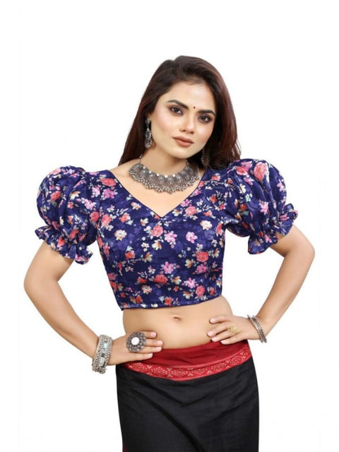 Women's Organza Printed V Neck Puff Sleeve Readymade Blouse (Navy 38 , Alterable up to 42)-PID65868