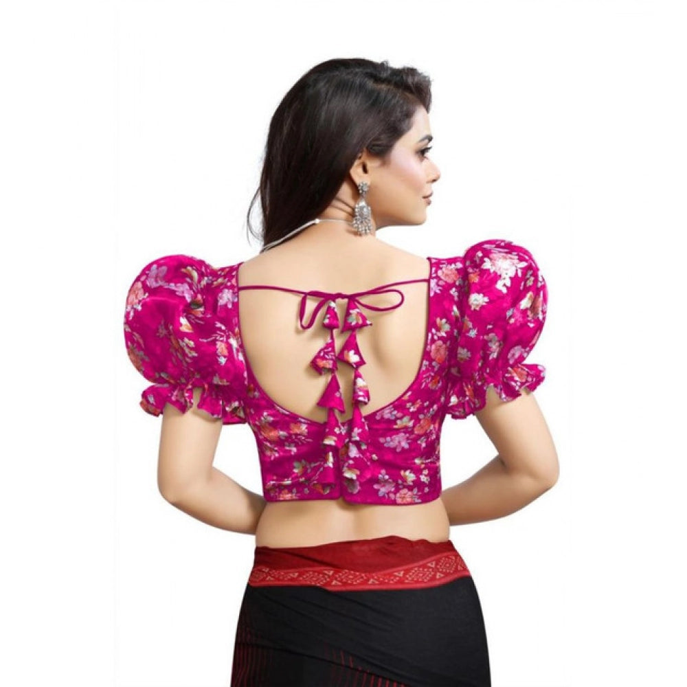 Women's Organza Printed V Neck Puff Sleeve Readymade Blouse (Pink 38 , Alterable up to 42)-PID65869