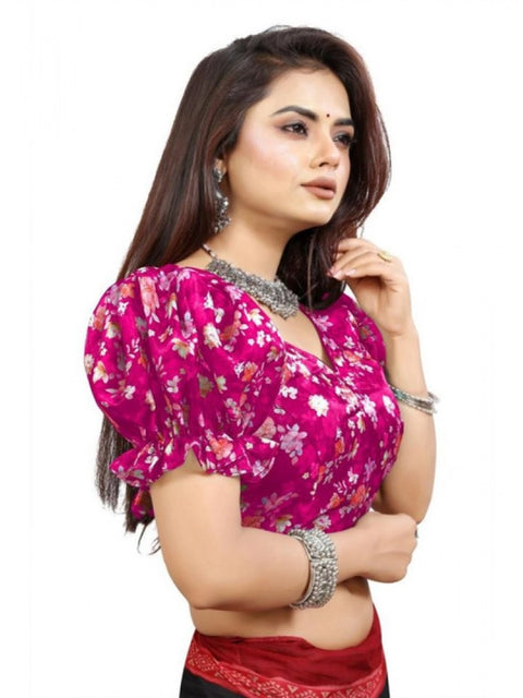 Women's Organza Printed V Neck Puff Sleeve Readymade Blouse (Pink 38 , Alterable up to 42)-PID65869