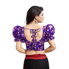 Women's Organza Printed V Neck Puff Sleeve Readymade Blouse (Purple 38 , Alterable up to 42)-PID65870