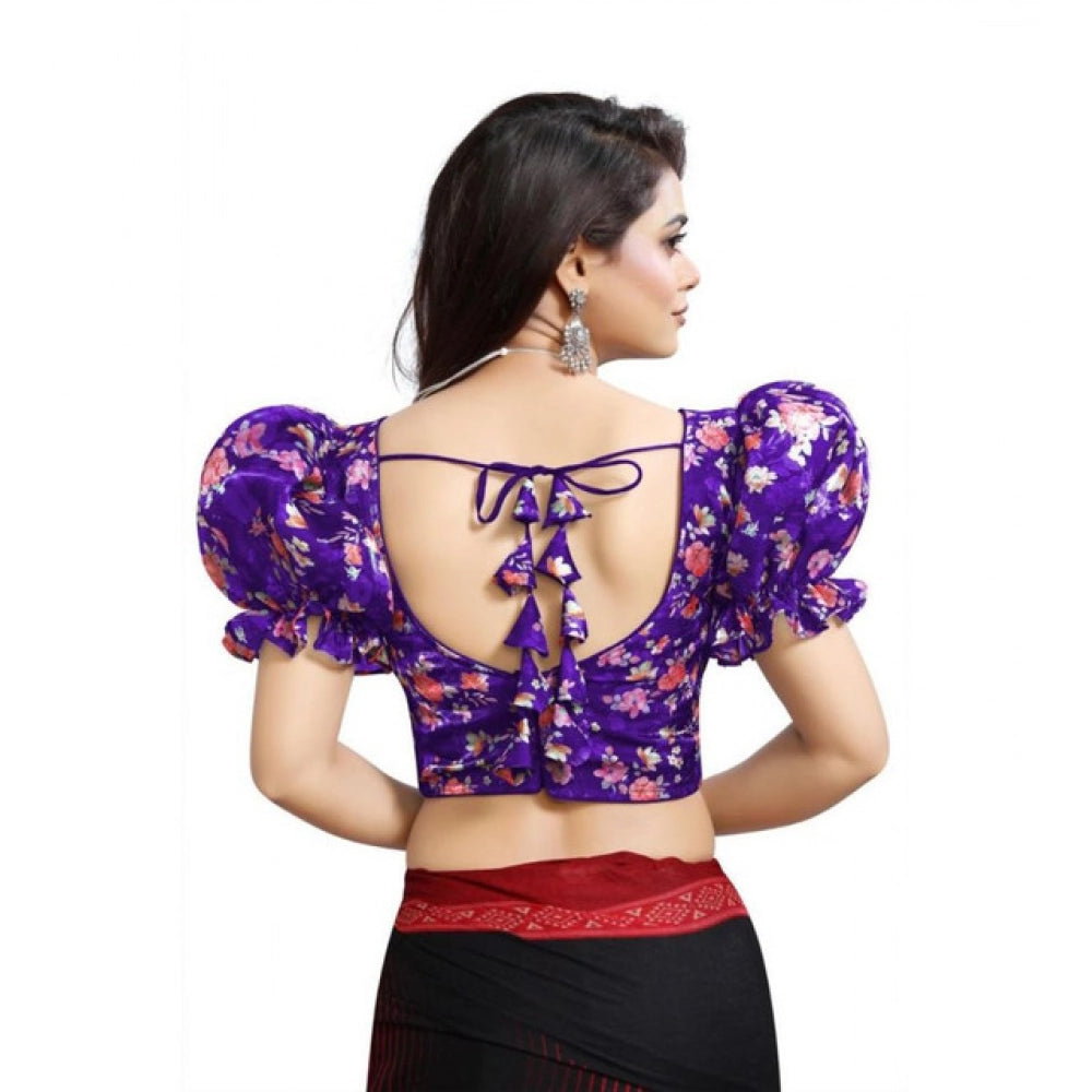 Women's Organza Printed V Neck Puff Sleeve Readymade Blouse (Purple 38 , Alterable up to 42)-PID65870