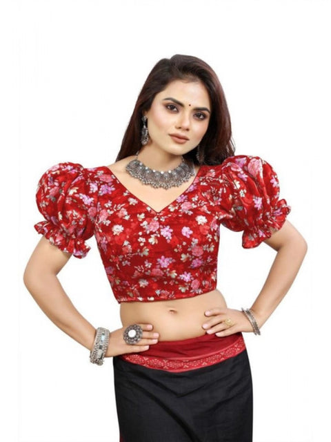 Generic Women's Organza Printed V Neck Puff Sleeve Readymade Blouse (Red 38 , Alterable up to 42)-PID65871