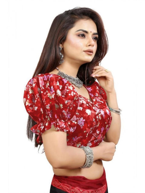 Women's Organza Printed V Neck Puff Sleeve Readymade Blouse (Red 38 , Alterable up to 42)-PID65871