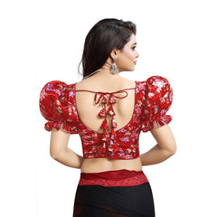 Women's Organza Printed V Neck Puff Sleeve Readymade Blouse (Red 38 , Alterable up to 42)-PID65871