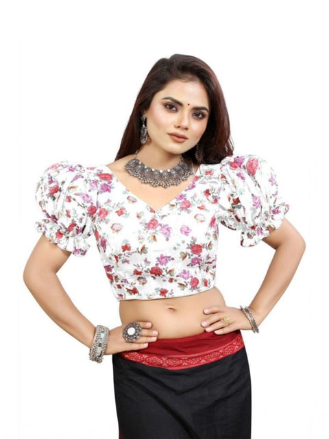 Women's Organza Printed V Neck Puff Sleeve Readymade Blouse (White 38 , Alterable up to 42)-PID65872