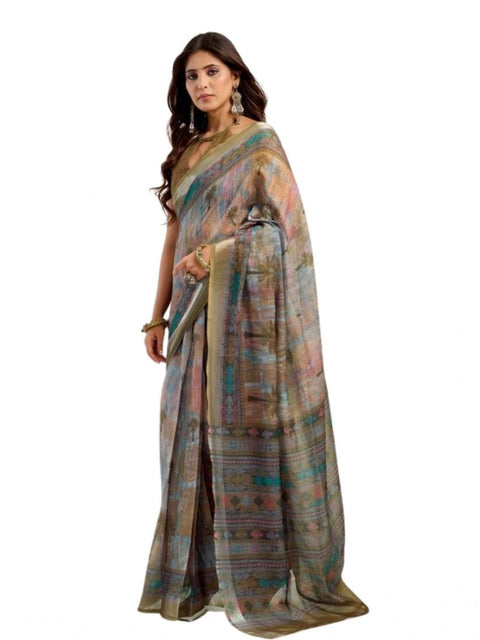 Women's Faux Linen Printed Ready to wear Saree With Unstitched Blouse 5.5Mtr (Multicolor)