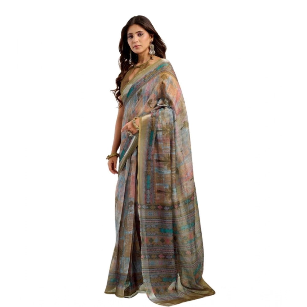 Women's Faux Linen Printed Ready to wear Saree With Unstitched Blouse 5.5Mtr (Multicolor)