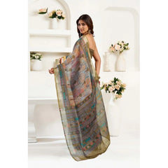 Generic Women's Faux Linen Printed Ready to wear Saree With Unstitched Blouse 5.5Mtr (Multicolor)