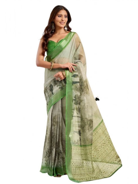 Women's Faux Linen Printed Ready to wear Saree With Unstitched Blouse 5.5Mtr (Light_Green)
