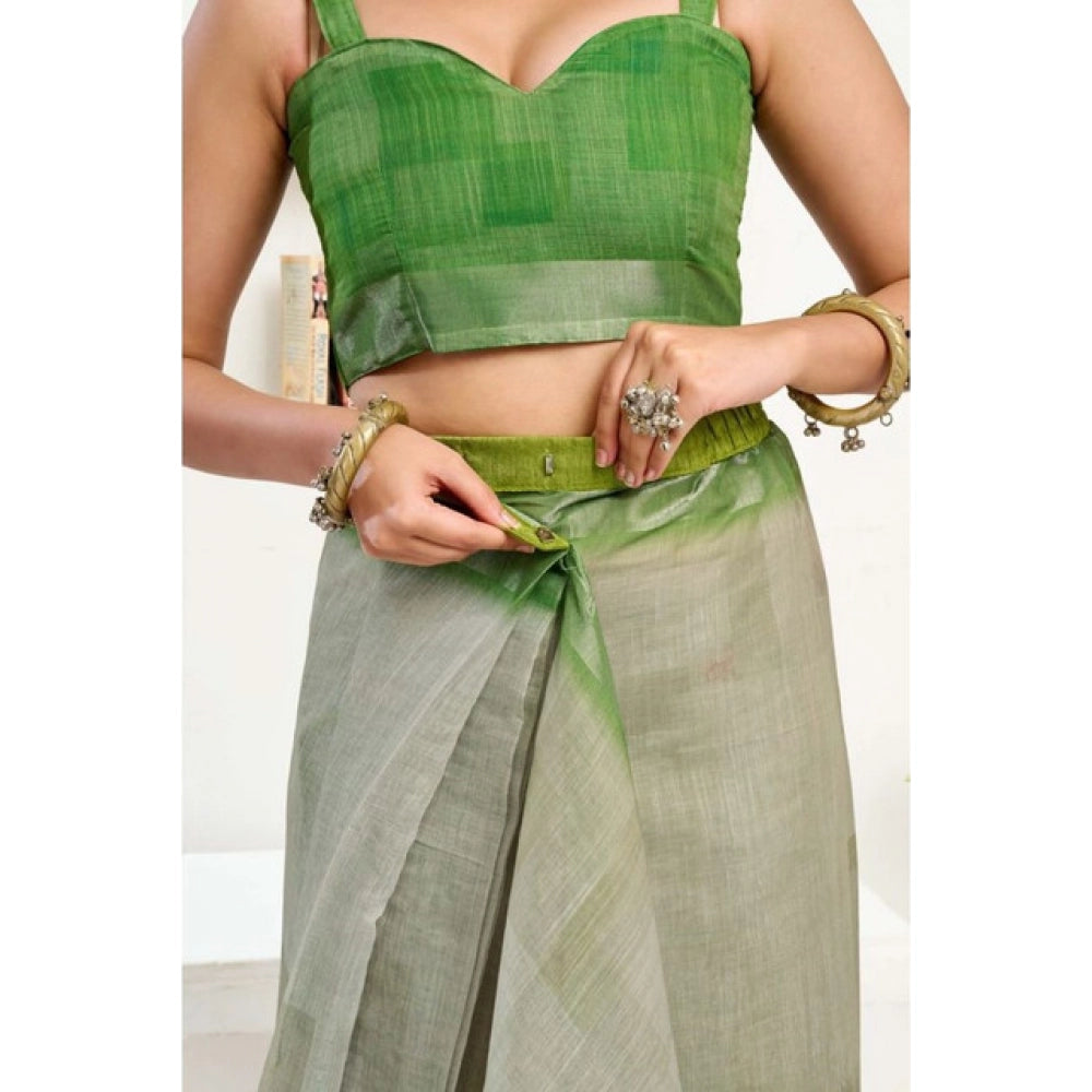 Women's Faux Linen Printed Ready to wear Saree With Unstitched Blouse 5.5Mtr (Light_Green)