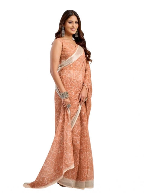 Generic Women's Faux Linen Floral Print Ready to wear Saree With Unstitched Blouse 5.5Mtr (Peach)