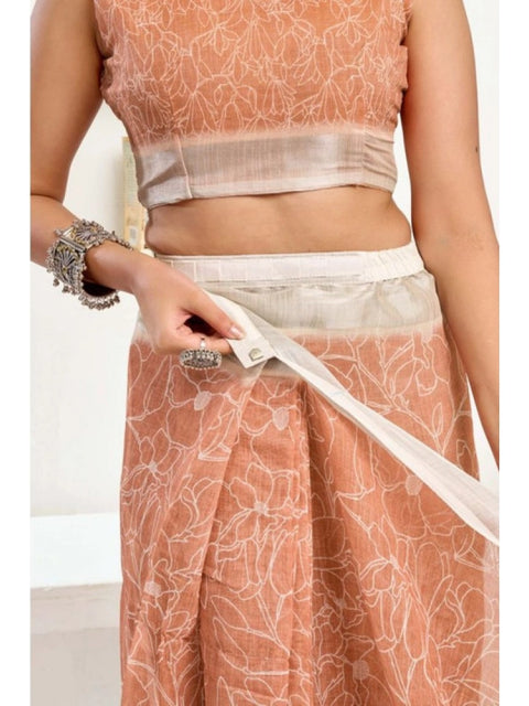 Women's Faux Linen Floral Print Ready to wear Saree With Unstitched Blouse 5.5Mtr (Peach)