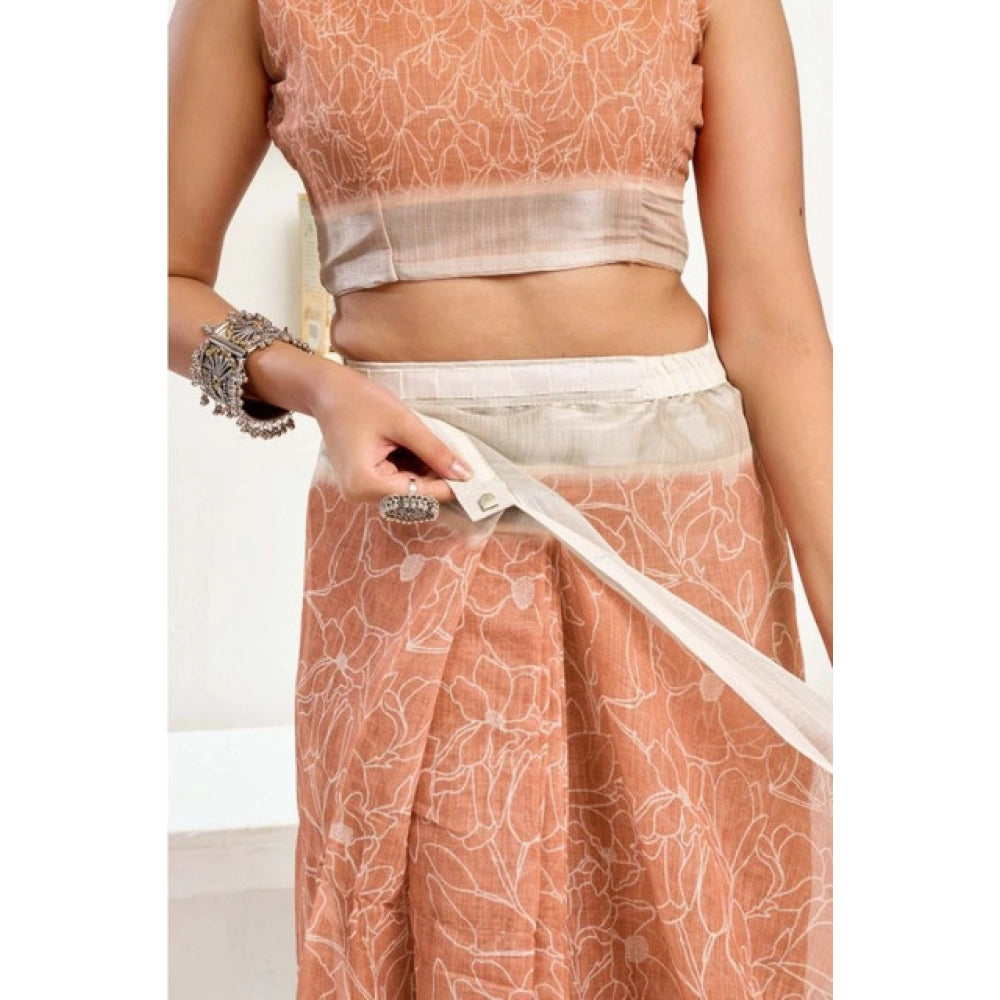 Women's Faux Linen Floral Print Ready to wear Saree With Unstitched Blouse 5.5Mtr (Peach)