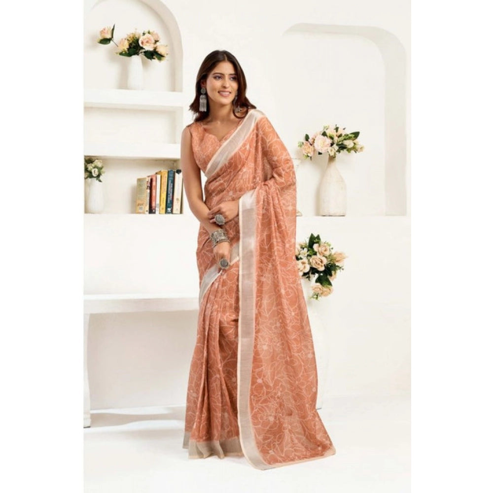 Women's Faux Linen Floral Print Ready to wear Saree With Unstitched Blouse 5.5Mtr (Peach)
