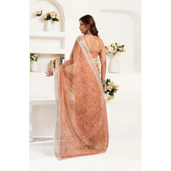 Women's Faux Linen Floral Print Ready to wear Saree With Unstitched Blouse 5.5Mtr (Peach)