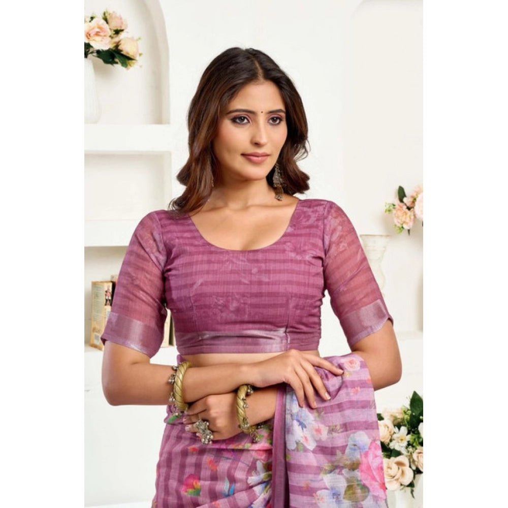 Women's Faux Linen Floral Print Ready to wear Saree With Unstitched Blouse 5.5Mtr (Pink)
