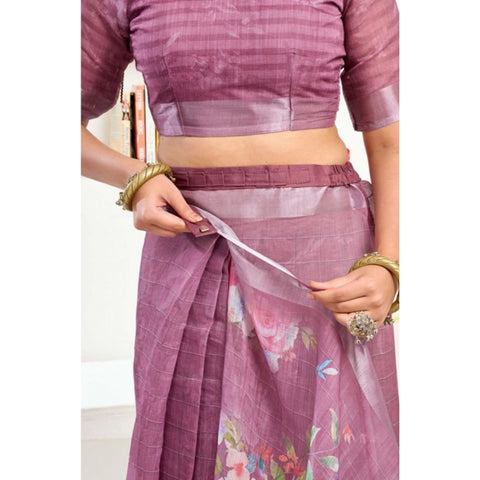 Women's Faux Linen Floral Print Ready to wear Saree With Unstitched Blouse 5.5Mtr (Pink)