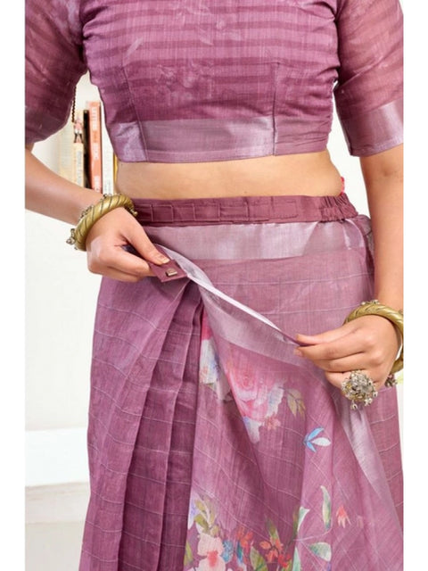 Women's Faux Linen Floral Print Ready to wear Saree With Unstitched Blouse 5.5Mtr (Pink)