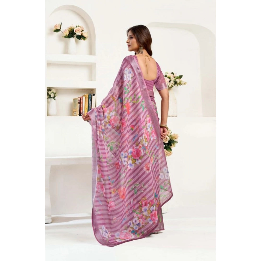 Women's Faux Linen Floral Print Ready to wear Saree With Unstitched Blouse 5.5Mtr (Pink)