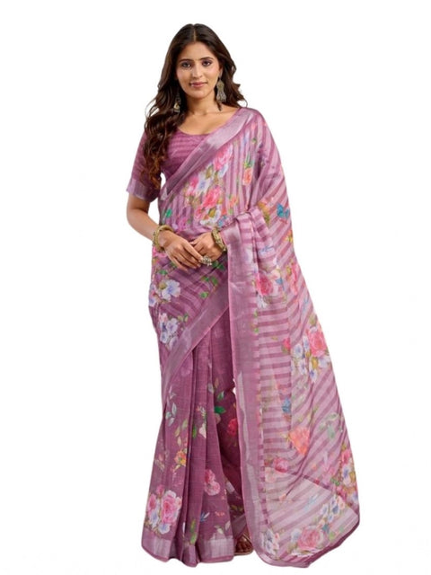 Women's Faux Linen Floral Print Ready to wear Saree With Unstitched Blouse 5.5Mtr (Pink)