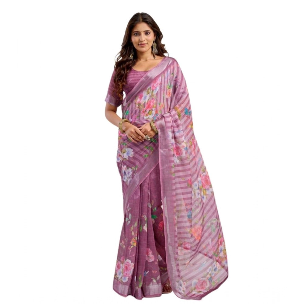 Women's Faux Linen Floral Print Ready to wear Saree With Unstitched Blouse 5.5Mtr (Pink)