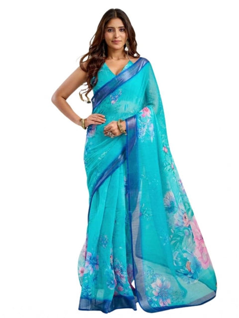 Generic Women's Faux Linen Floral Print Ready to wear Saree With Unstitched Blouse 5.5Mtr (Light_AquaBlue)