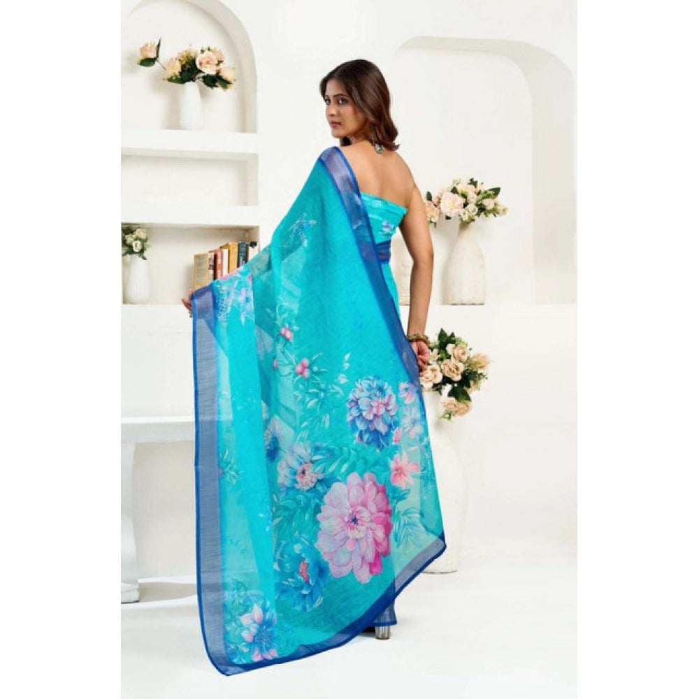 Women's Faux Linen Floral Print Ready to wear Saree With Unstitched Blouse 5.5Mtr (Light_AquaBlue)