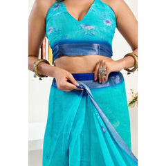 Women's Faux Linen Floral Print Ready to wear Saree With Unstitched Blouse 5.5Mtr (Light_AquaBlue)