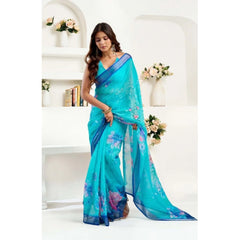 Women's Faux Linen Floral Print Ready to wear Saree With Unstitched Blouse 5.5Mtr (Light_AquaBlue)
