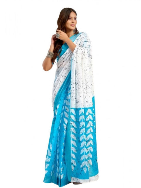 Generic Women's Faux Linen Leaf Print Ready to wear Saree With Unstitched Blouse 5.5Mtr (SkyBlue & White)