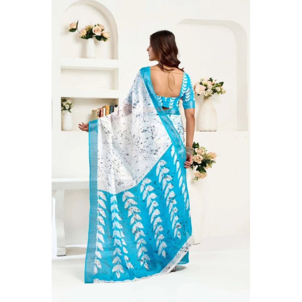 Women's Faux Linen Leaf Print Ready to wear Saree With Unstitched Blouse 5.5Mtr (SkyBlue &amp; White)