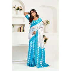 Women's Faux Linen Leaf Print Ready to wear Saree With Unstitched Blouse 5.5Mtr (SkyBlue &amp; White)