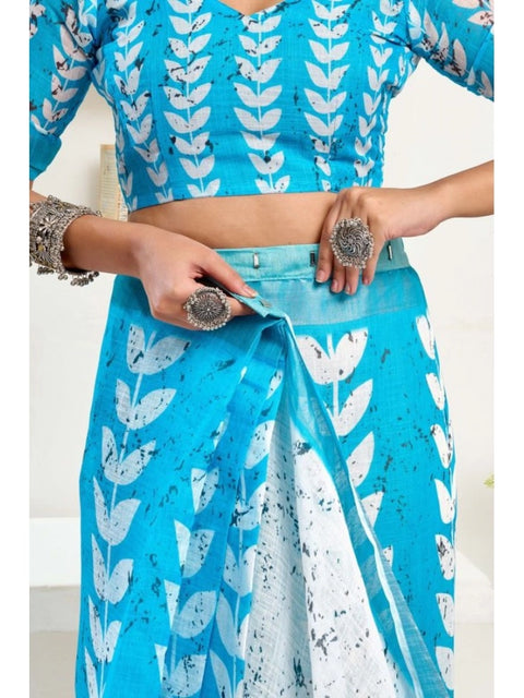 Women's Faux Linen Leaf Print Ready to wear Saree With Unstitched Blouse 5.5Mtr (SkyBlue & White)